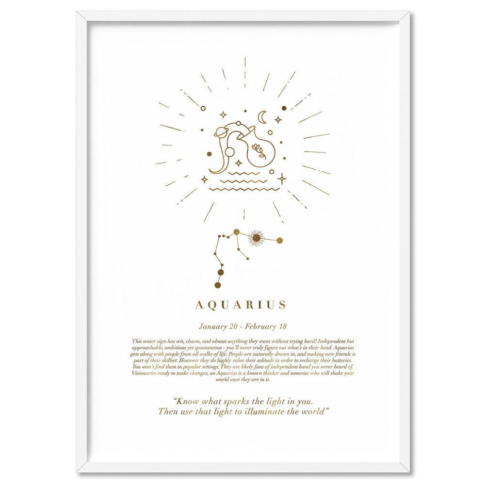 Aquarius Star Sign | Celestial Boho (faux look foil) - Art Print, Poster, Stretched Canvas, or Framed Wall Art Print, shown in a white frame