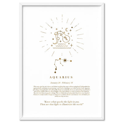 Aquarius Star Sign | Celestial Boho (faux look foil) - Art Print, Poster, Stretched Canvas, or Framed Wall Art Print, shown in a white frame