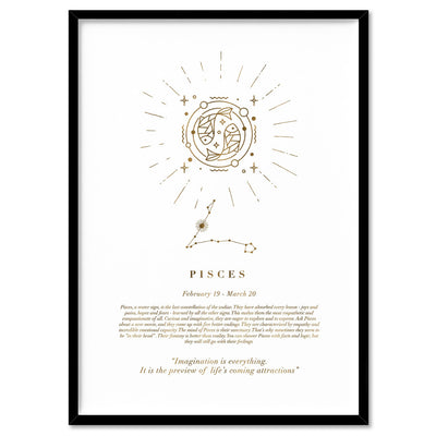 Pisces Star Sign | Celestial Boho (faux look foil) - Art Print, Poster, Stretched Canvas, or Framed Wall Art Print, shown in a black frame