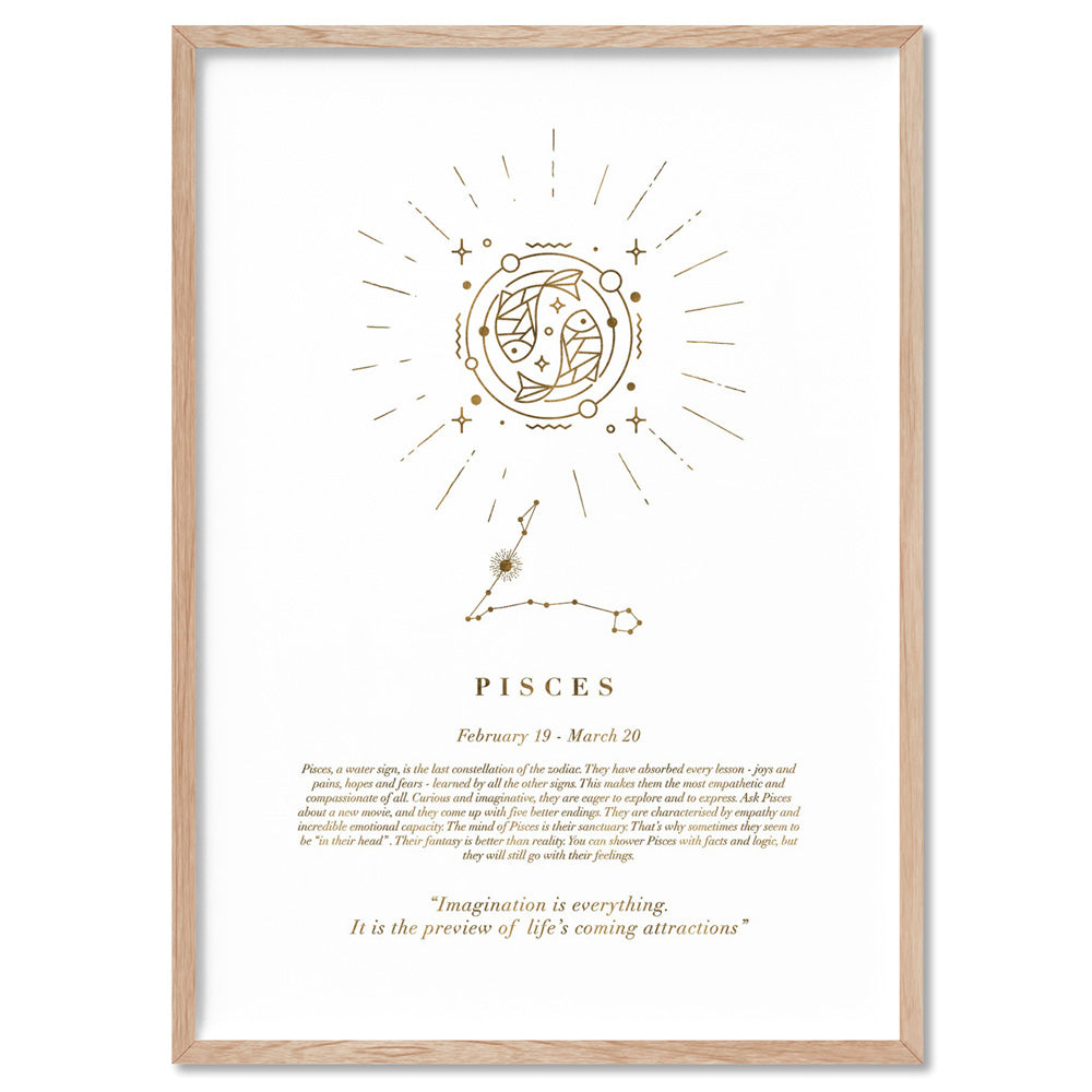 Pisces Star Sign | Celestial Boho (faux look foil) - Art Print, Poster, Stretched Canvas, or Framed Wall Art Print, shown in a natural timber frame