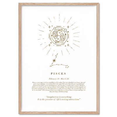 Pisces Star Sign | Celestial Boho (faux look foil) - Art Print, Poster, Stretched Canvas, or Framed Wall Art Print, shown in a natural timber frame