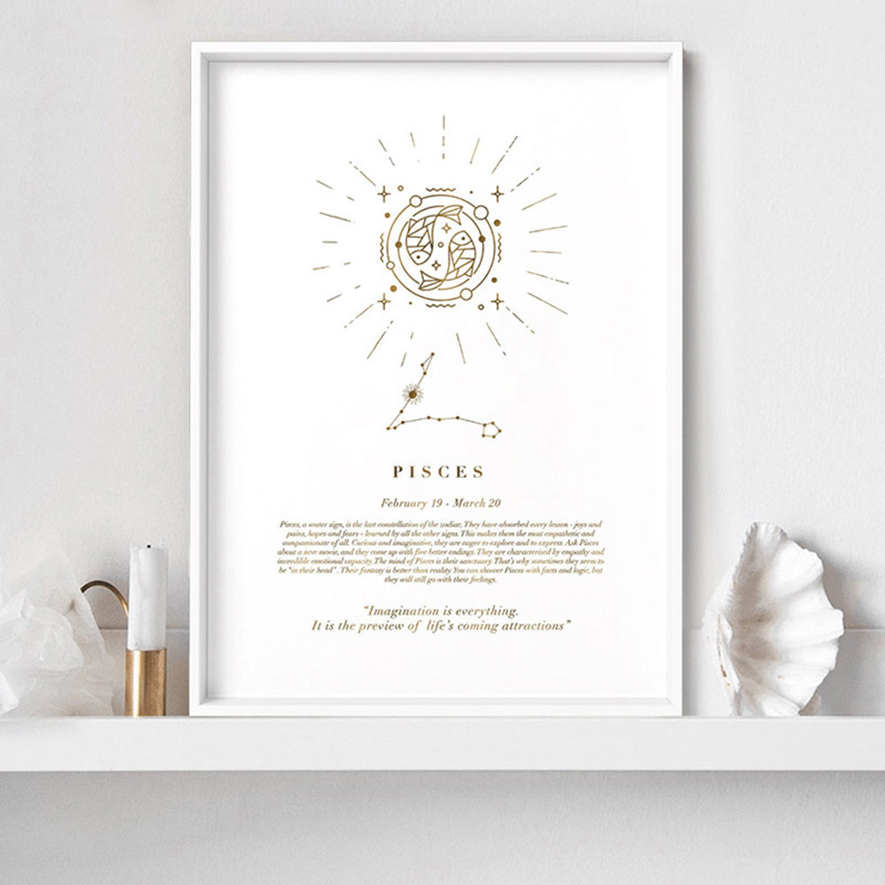 Pisces Star Sign | Celestial Boho (faux look foil) - Art Print, Poster, Stretched Canvas or Framed Wall Art Prints, shown framed in a room