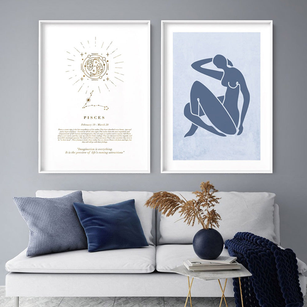 Pisces Star Sign | Celestial Boho (faux look foil) - Art Print, Poster, Stretched Canvas or Framed Wall Art, shown framed in a home interior space