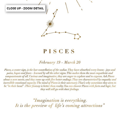 Pisces Star Sign | Celestial Boho (faux look foil) - Art Print, Poster, Stretched Canvas or Framed Wall Art, Close up View of Print Resolution