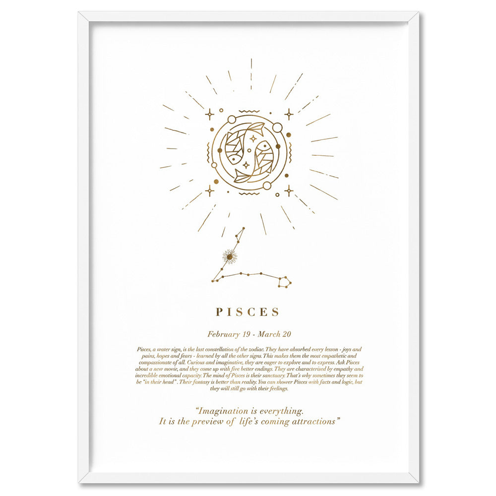 Pisces Star Sign | Celestial Boho (faux look foil) - Art Print, Poster, Stretched Canvas, or Framed Wall Art Print, shown in a white frame