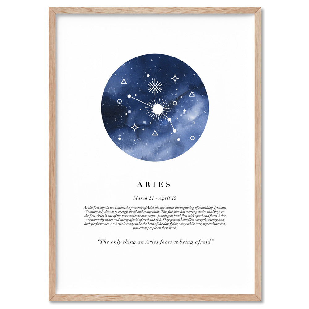 Aries Star Sign | Watercolour Circle - Art Print, Poster, Stretched Canvas, or Framed Wall Art Print, shown in a natural timber frame