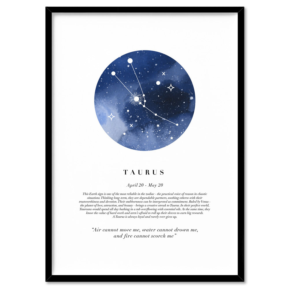 Taurus Star Sign | Watercolour Circle - Art Print, Poster, Stretched Canvas, or Framed Wall Art Print, shown in a black frame