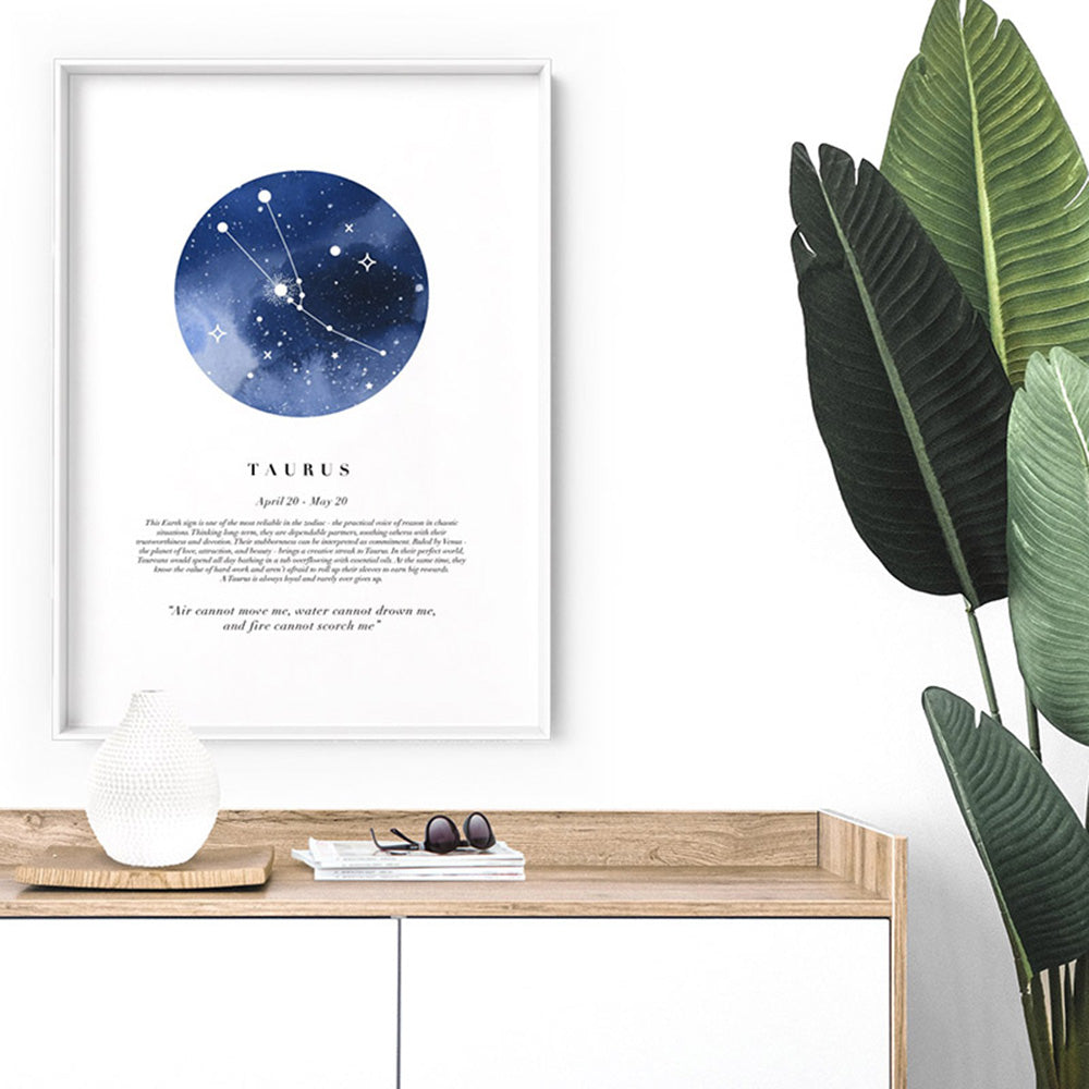 Taurus Star Sign | Watercolour Circle - Art Print, Poster, Stretched Canvas or Framed Wall Art Prints, shown framed in a room
