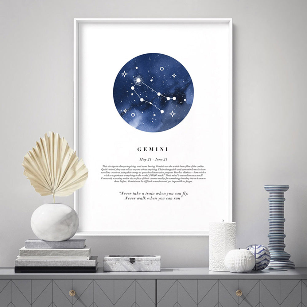 Gemini Star Sign | Watercolour Circle - Art Print, Poster, Stretched Canvas or Framed Wall Art Prints, shown framed in a room