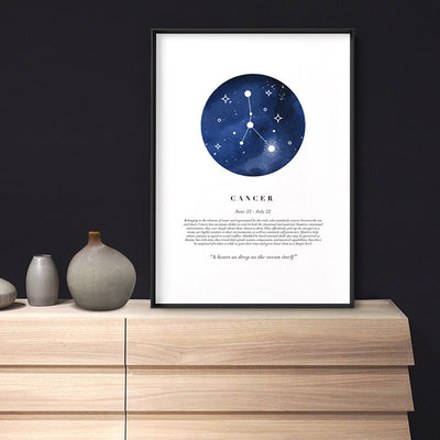 Cancer Star Sign | Watercolour Circle - Art Print, Poster, Stretched Canvas or Framed Wall Art Prints, shown framed in a room
