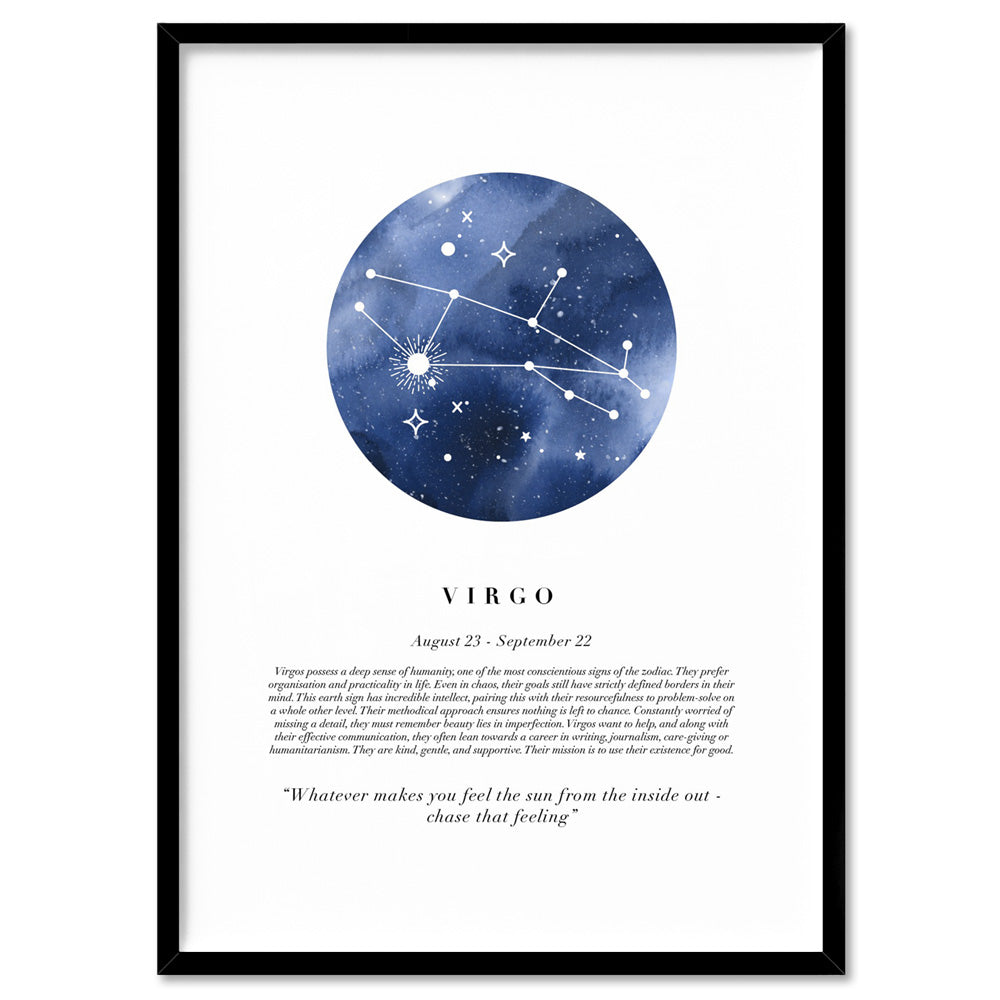 Virgo Star Sign | Watercolour Circle - Art Print, Poster, Stretched Canvas, or Framed Wall Art Print, shown in a black frame