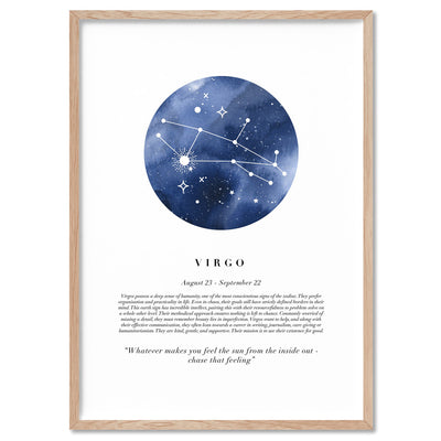 Virgo Star Sign | Watercolour Circle - Art Print, Poster, Stretched Canvas, or Framed Wall Art Print, shown in a natural timber frame