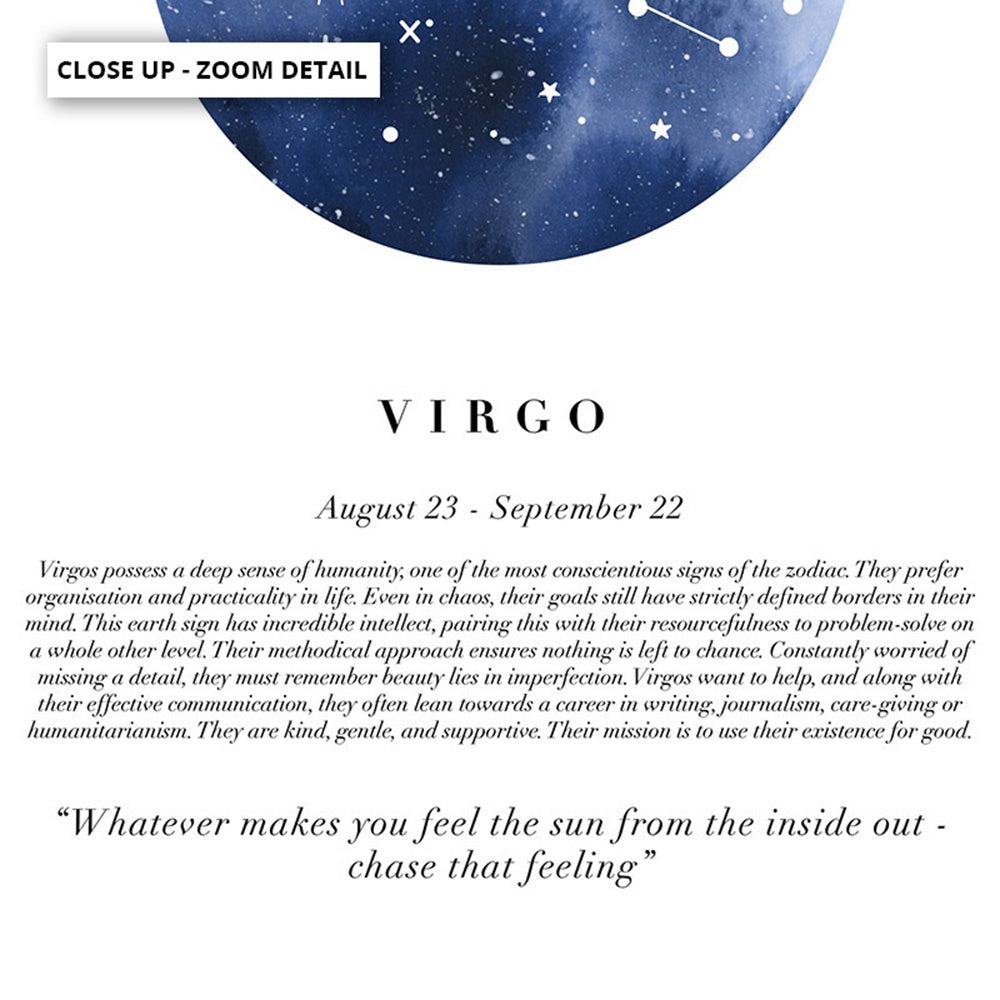 Virgo Star Sign | Watercolour Circle - Art Print, Poster, Stretched Canvas or Framed Wall Art, Close up View of Print Resolution