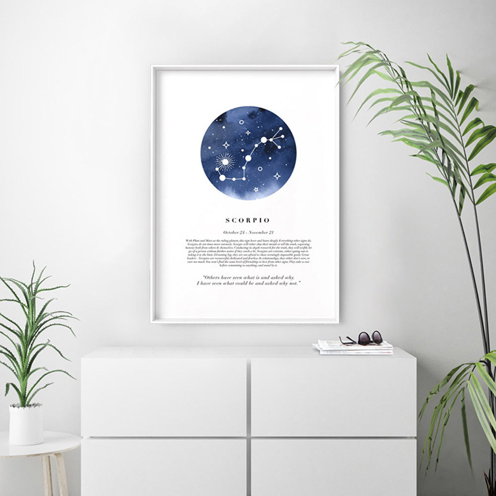 Scorpio Star Sign | Watercolour Circle - Art Print, Poster, Stretched Canvas or Framed Wall Art Prints, shown framed in a room
