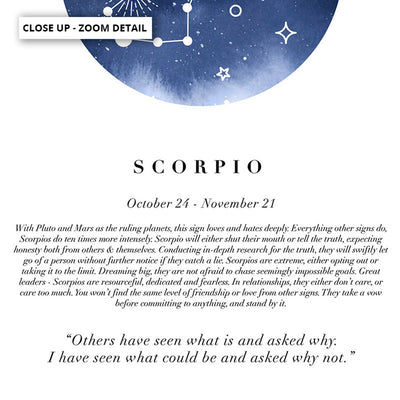Scorpio Star Sign | Watercolour Circle - Art Print, Poster, Stretched Canvas or Framed Wall Art, Close up View of Print Resolution