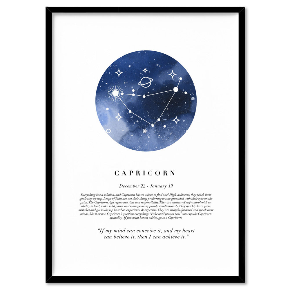 Capricorn Star Sign | Watercolour Circle - Art Print, Poster, Stretched Canvas, or Framed Wall Art Print, shown in a black frame