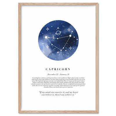 Capricorn Star Sign | Watercolour Circle - Art Print, Poster, Stretched Canvas, or Framed Wall Art Print, shown in a natural timber frame