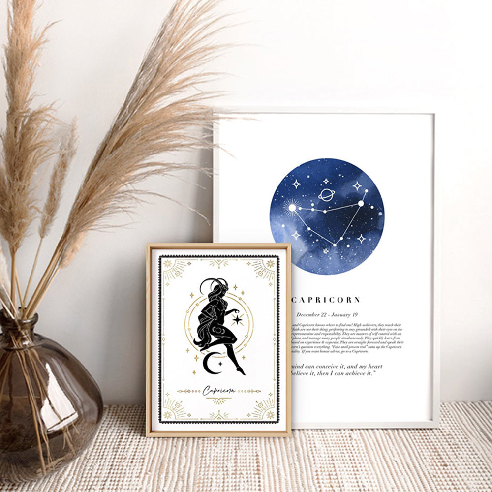 Capricorn Star Sign | Watercolour Circle - Art Print, Poster, Stretched Canvas or Framed Wall Art, shown framed in a home interior space