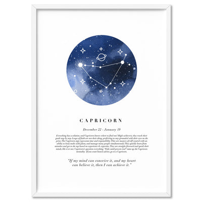 Capricorn Star Sign | Watercolour Circle - Art Print, Poster, Stretched Canvas, or Framed Wall Art Print, shown in a white frame