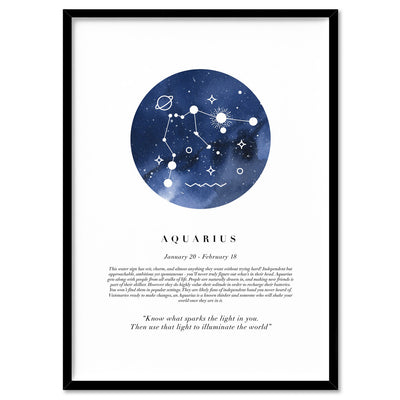 Aquarius Star Sign | Watercolour Circle - Art Print, Poster, Stretched Canvas, or Framed Wall Art Print, shown in a black frame