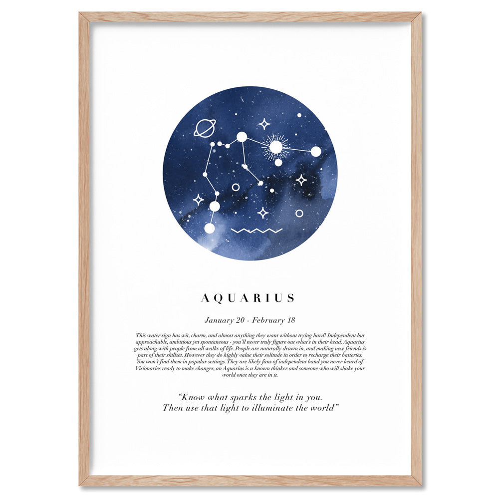 Aquarius Star Sign | Watercolour Circle - Art Print, Poster, Stretched Canvas, or Framed Wall Art Print, shown in a natural timber frame