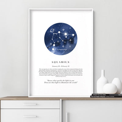 Aquarius Star Sign | Watercolour Circle - Art Print, Poster, Stretched Canvas or Framed Wall Art Prints, shown framed in a room