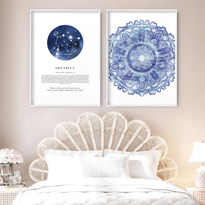 Aquarius Star Sign | Watercolour Circle - Art Print, Poster, Stretched Canvas or Framed Wall Art, shown framed in a home interior space