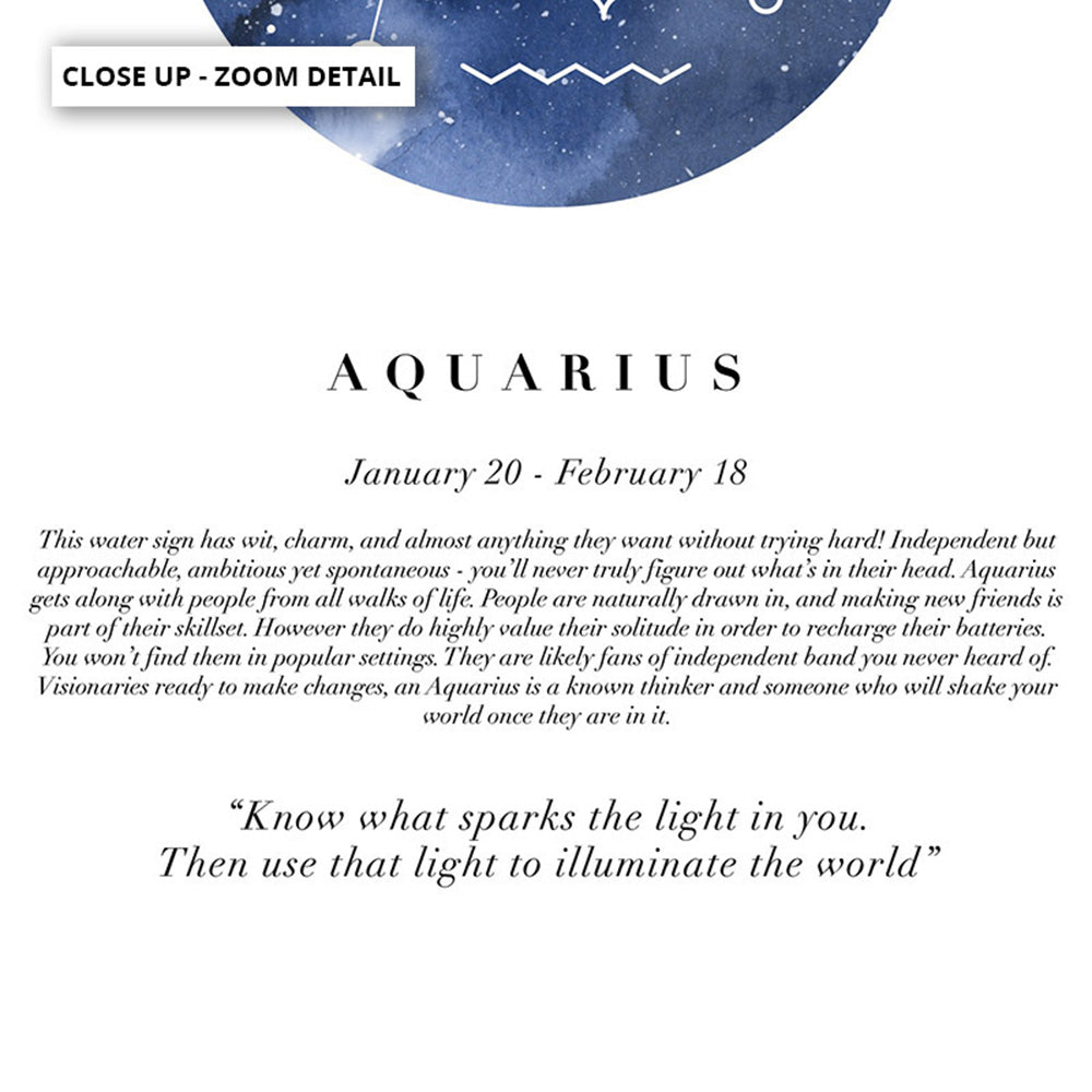 Aquarius Star Sign | Watercolour Circle - Art Print, Poster, Stretched Canvas or Framed Wall Art, Close up View of Print Resolution