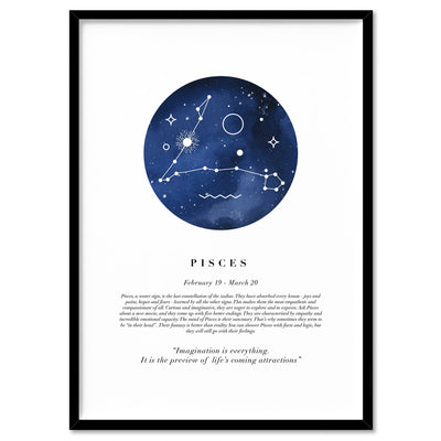 Pisces Star Sign | Watercolour Circle - Art Print, Poster, Stretched Canvas, or Framed Wall Art Print, shown in a black frame