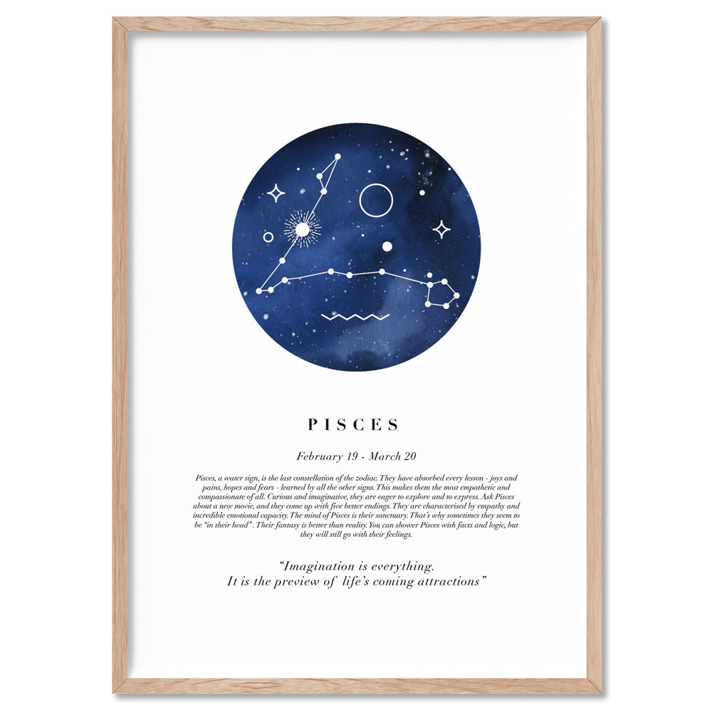 Pisces Star Sign | Watercolour Circle - Art Print, Poster, Stretched Canvas, or Framed Wall Art Print, shown in a natural timber frame