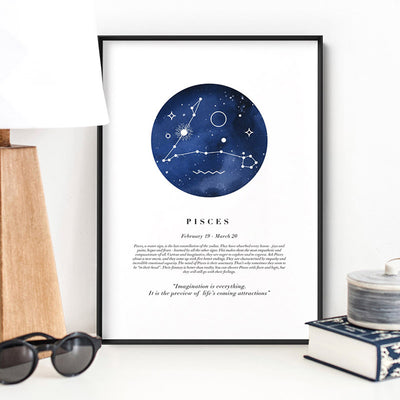 Pisces Star Sign | Watercolour Circle - Art Print, Poster, Stretched Canvas or Framed Wall Art Prints, shown framed in a room