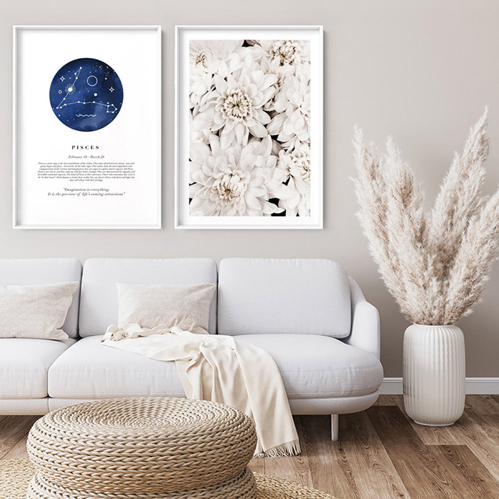 Pisces Star Sign | Watercolour Circle - Art Print, Poster, Stretched Canvas or Framed Wall Art, shown framed in a home interior space