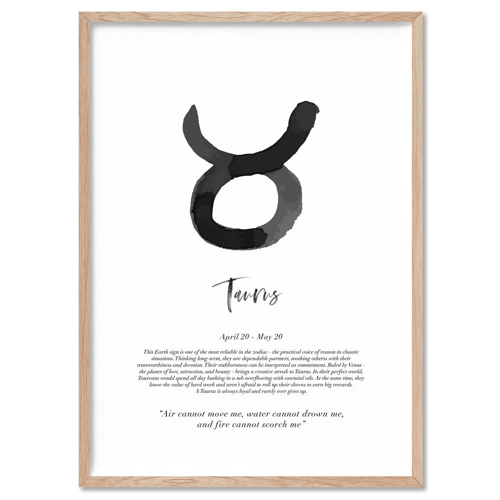 Taurus Star Sign | Watercolour Symbol - Art Print, Poster, Stretched Canvas, or Framed Wall Art Print, shown in a natural timber frame