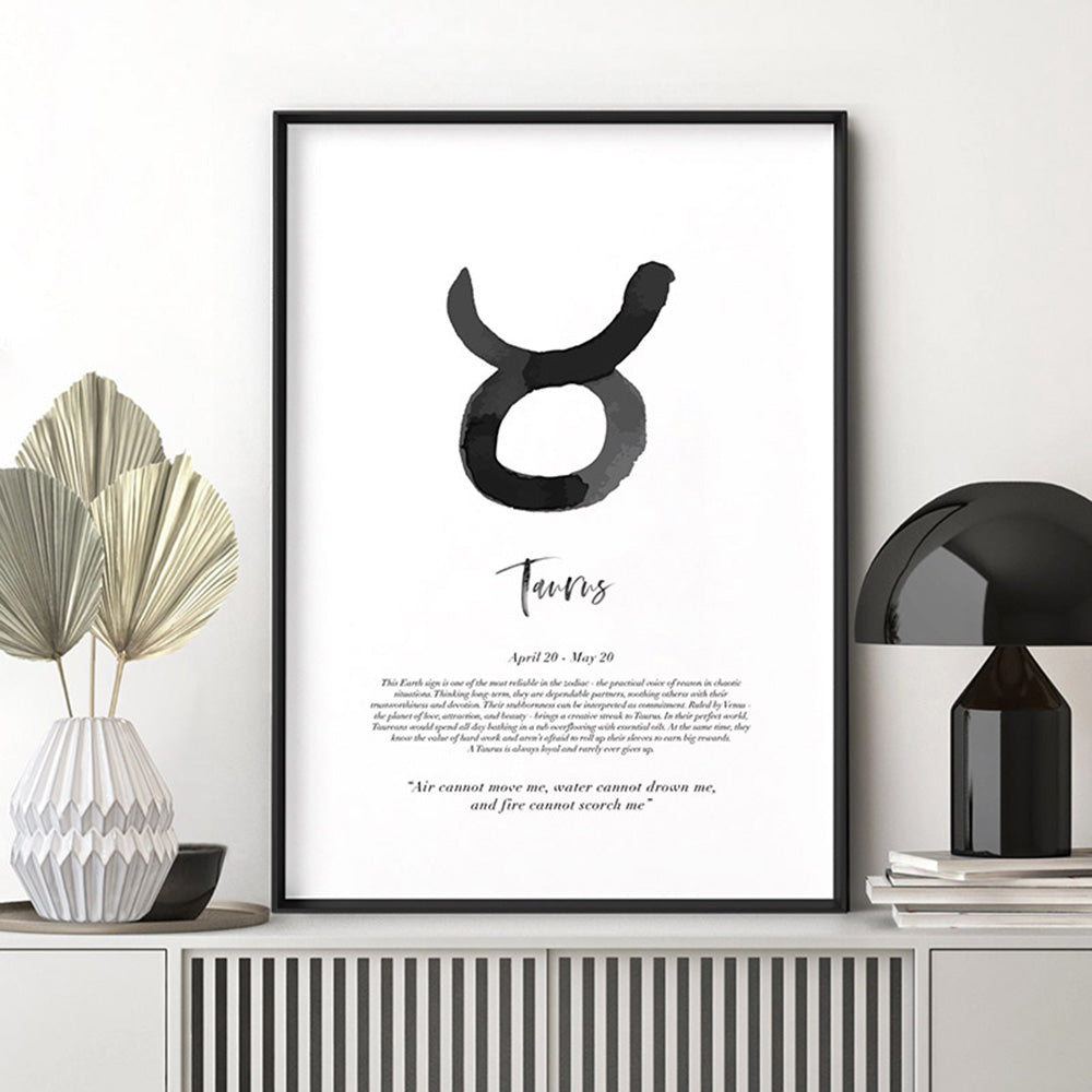 Taurus Star Sign | Watercolour Symbol - Art Print, Poster, Stretched Canvas or Framed Wall Art Prints, shown framed in a room