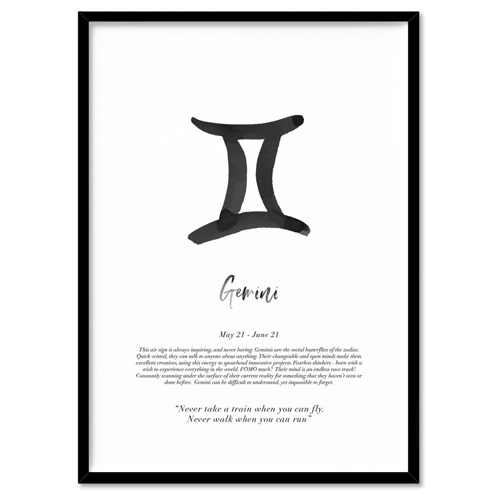 Gemini Star Sign | Watercolour Symbol - Art Print, Poster, Stretched Canvas, or Framed Wall Art Print, shown in a black frame