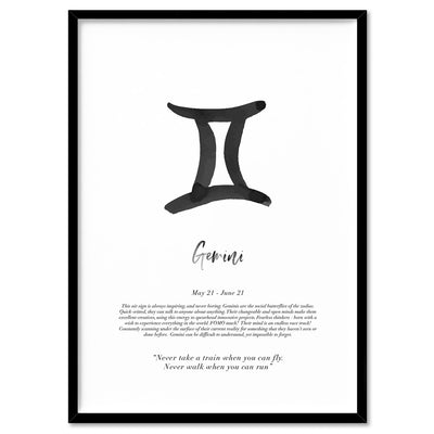 Gemini Star Sign | Watercolour Symbol - Art Print, Poster, Stretched Canvas, or Framed Wall Art Print, shown in a black frame