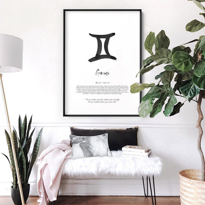 Gemini Star Sign | Watercolour Symbol - Art Print, Poster, Stretched Canvas or Framed Wall Art Prints, shown framed in a room