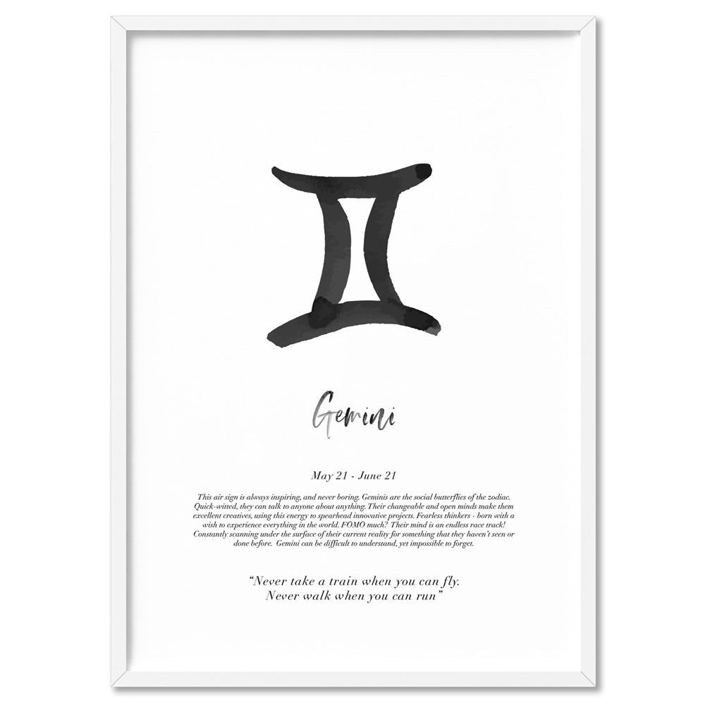 Gemini Star Sign | Watercolour Symbol - Art Print, Poster, Stretched Canvas, or Framed Wall Art Print, shown in a white frame