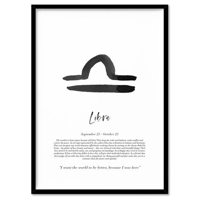 Libra Star Sign | Watercolour Symbol - Art Print, Poster, Stretched Canvas, or Framed Wall Art Print, shown in a black frame