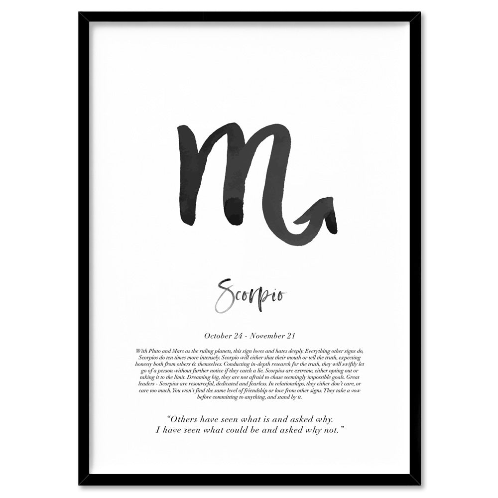 Scorpio Star Sign | Watercolour Symbol - Art Print, Poster, Stretched Canvas, or Framed Wall Art Print, shown in a black frame