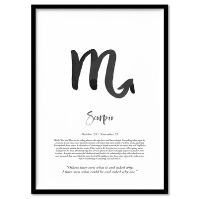 Scorpio Star Sign | Watercolour Symbol - Art Print, Poster, Stretched Canvas, or Framed Wall Art Print, shown in a black frame