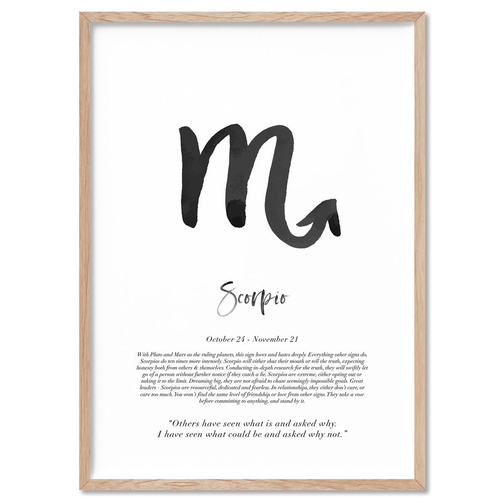 Scorpio Star Sign | Watercolour Symbol - Art Print, Poster, Stretched Canvas, or Framed Wall Art Print, shown in a natural timber frame