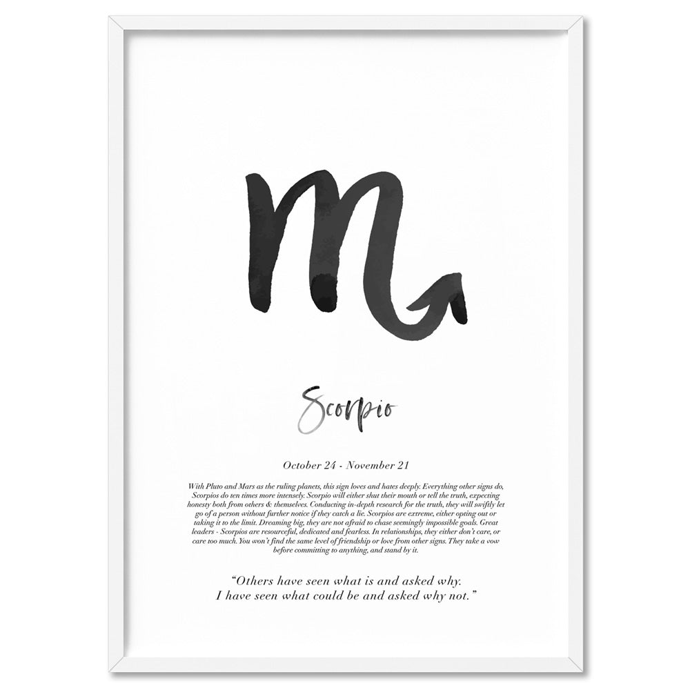 Scorpio Star Sign | Watercolour Symbol - Art Print, Poster, Stretched Canvas, or Framed Wall Art Print, shown in a white frame