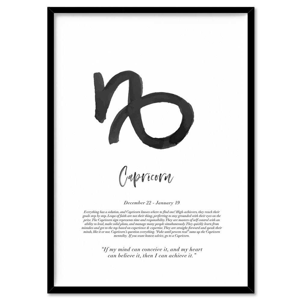 Capricorn Star Sign | Watercolour Symbol - Art Print, Poster, Stretched Canvas, or Framed Wall Art Print, shown in a black frame