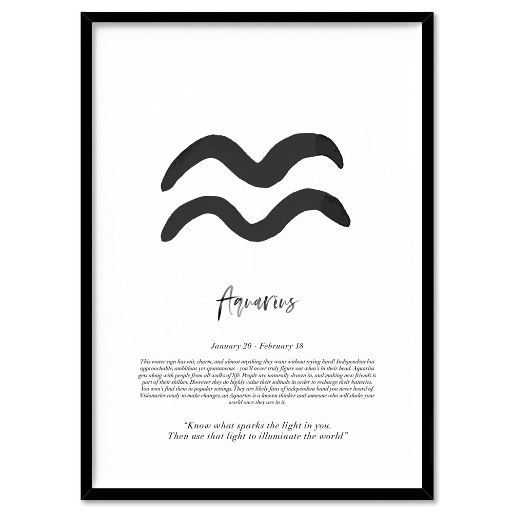 Aquarius Star Sign | Watercolour Symbol - Art Print, Poster, Stretched Canvas, or Framed Wall Art Print, shown in a black frame