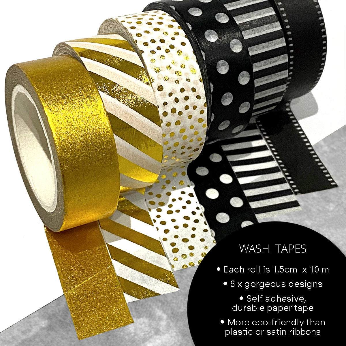 Washi Tapes in Gold + Black and White Designs