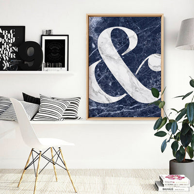 Ampersand in Navy Marble - Art Print, Poster, Stretched Canvas or Framed Wall Art Prints, shown framed in a room