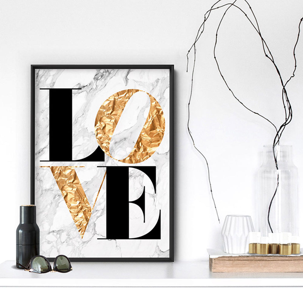 Iconic Love in faux gold & white marble - Art Print, Poster, Stretched Canvas or Framed Wall Art Prints, shown framed in a room