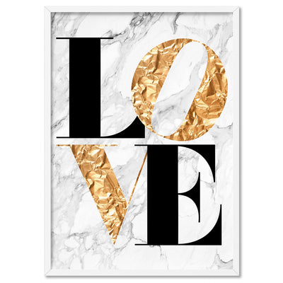Iconic Love in faux gold & white marble - Art Print, Poster, Stretched Canvas, or Framed Wall Art Print, shown in a white frame