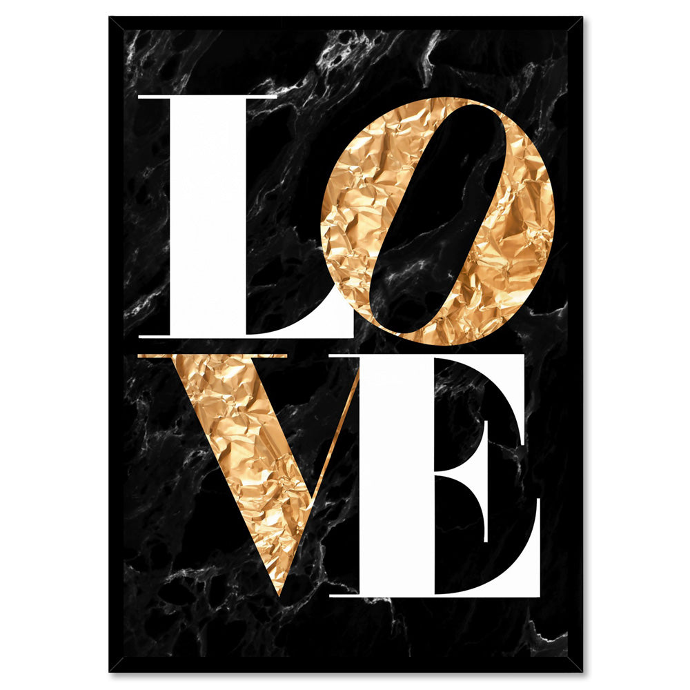 Iconic Love in faux gold & black marble - Art Print, Poster, Stretched Canvas, or Framed Wall Art Print, shown in a black frame